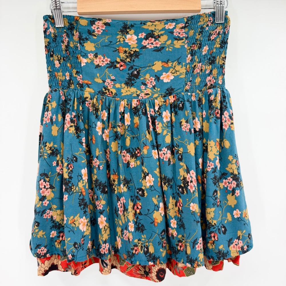 Natural Life Floral Smocked Waist Mini Skirt Size Small Boho Cottagecore Floral